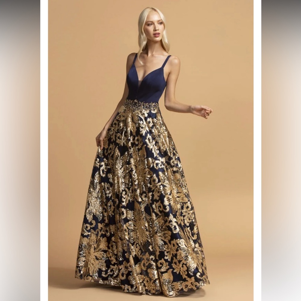 Camille La Vie Navy Blue and Gold Sequence Spaghetti Strap Evening Prom Dress
